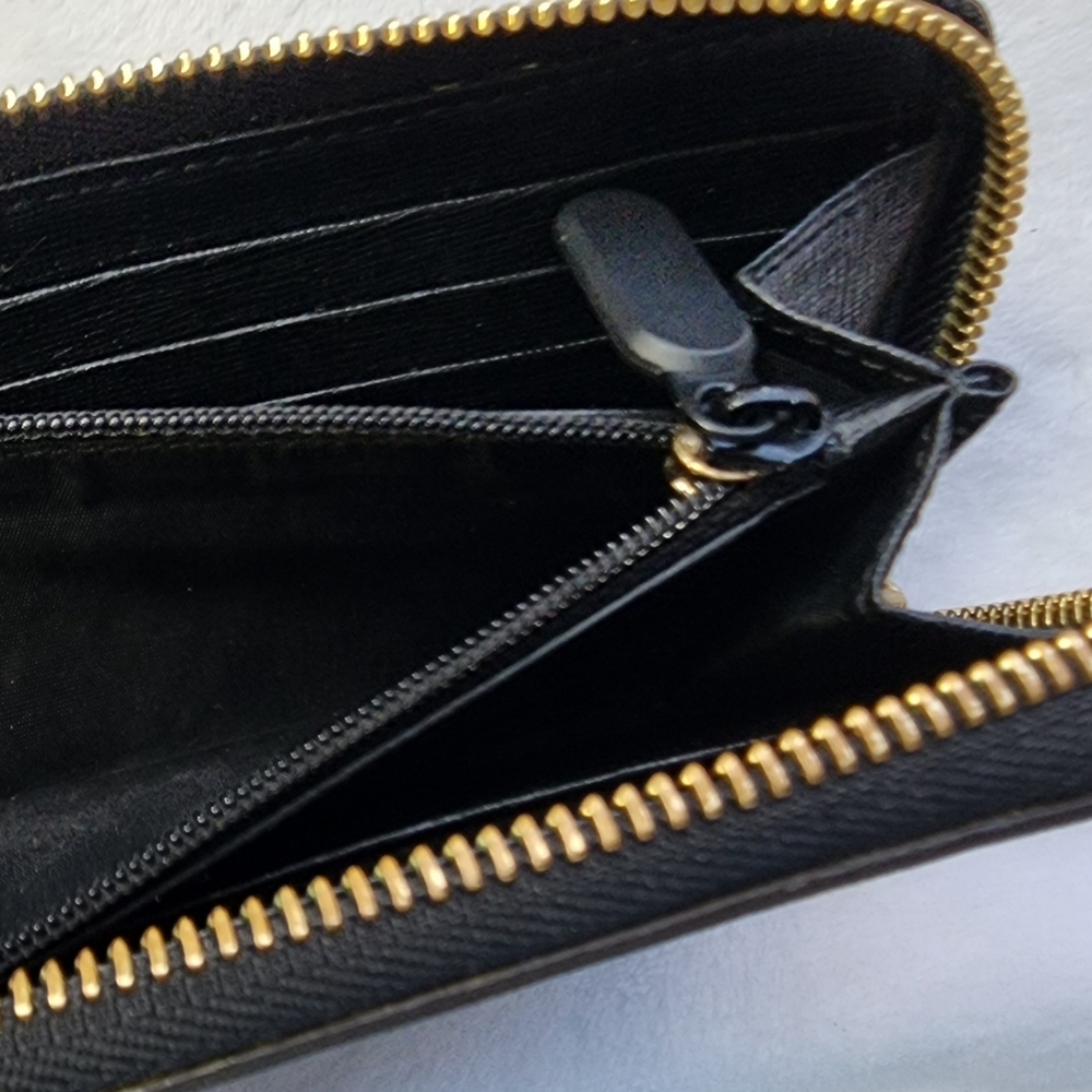 FURLA Saffiano Leather Zip Around Long Wallet Black Gold Logo Women's Italy EUC - Picture 11 of 15